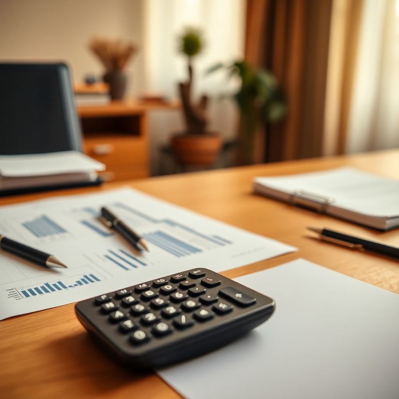 Birou cu documente fiscale, calculator și pix, în tonuri calde de teracotă și crem